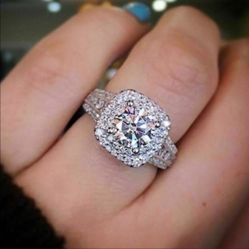 ENGAGEMENT 925 STERLING SILVER DIAMOND HALO RING - Picture 3 of 5